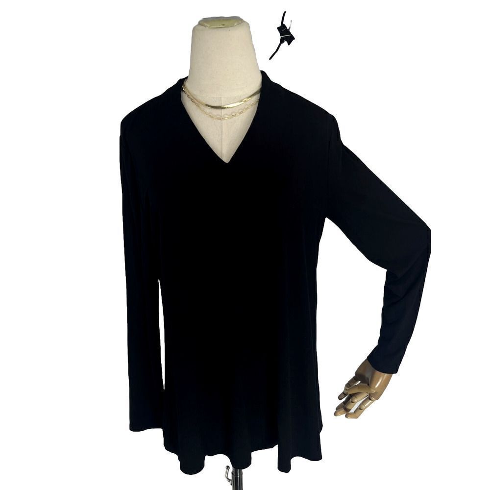 Eileen Fisher Black Tunic Top Shirt V Neck Long Sleeve Lyocell Small‎